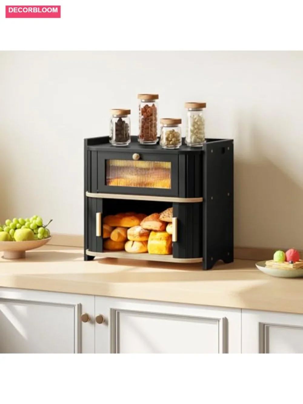 2-Tier Bamboo Bread Box with Roll-Top Sliding Door, Acrylic Window, Ventilated